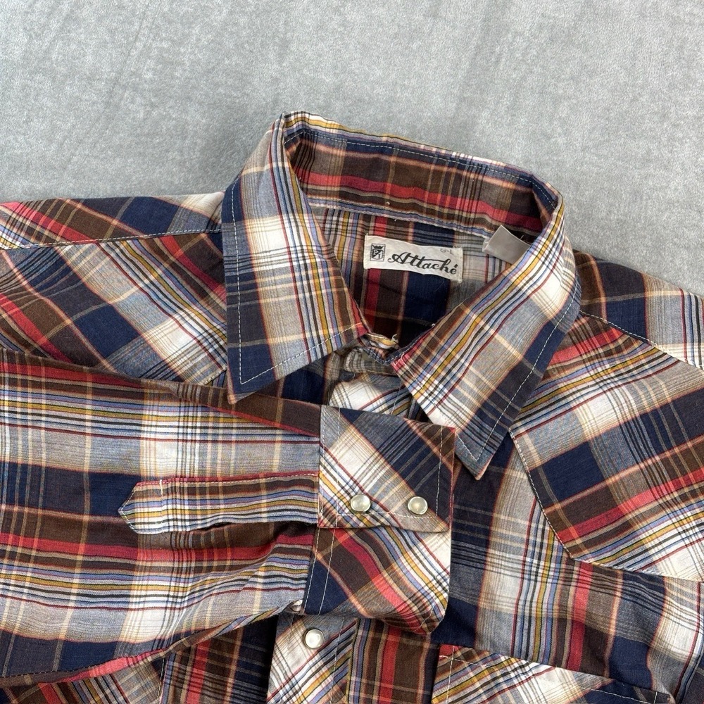 Vintage Attache Western Plaid Button Up Shirt Multicolor Pearl Snap Mens Large